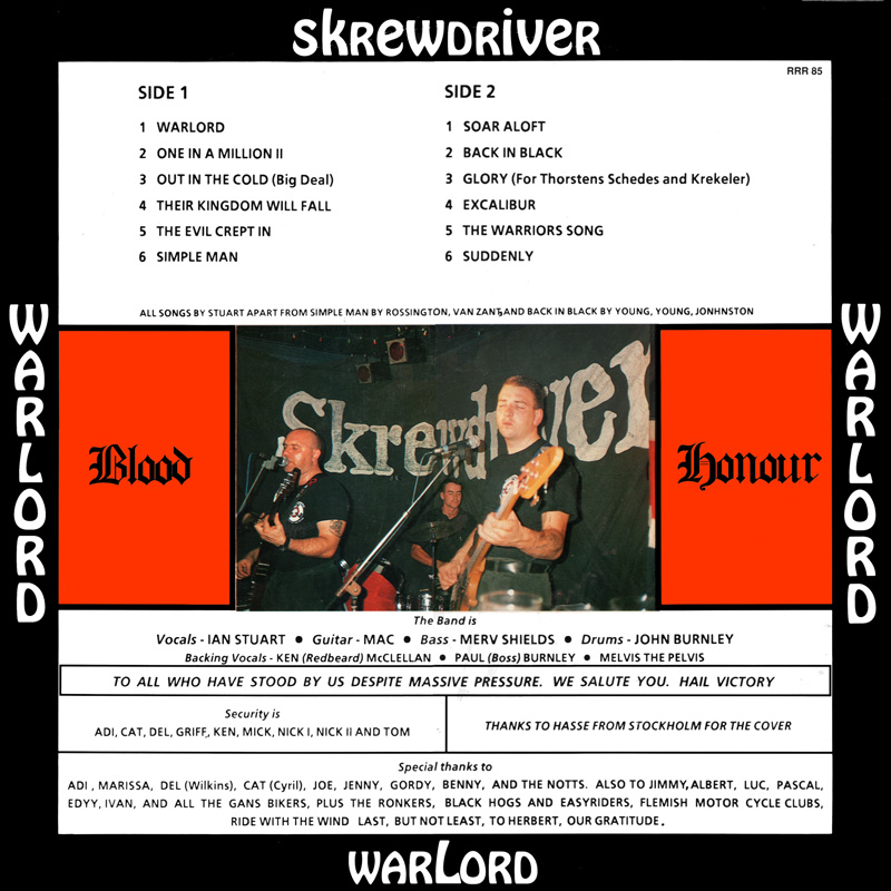 Skrewdriver Warlord LP back cover