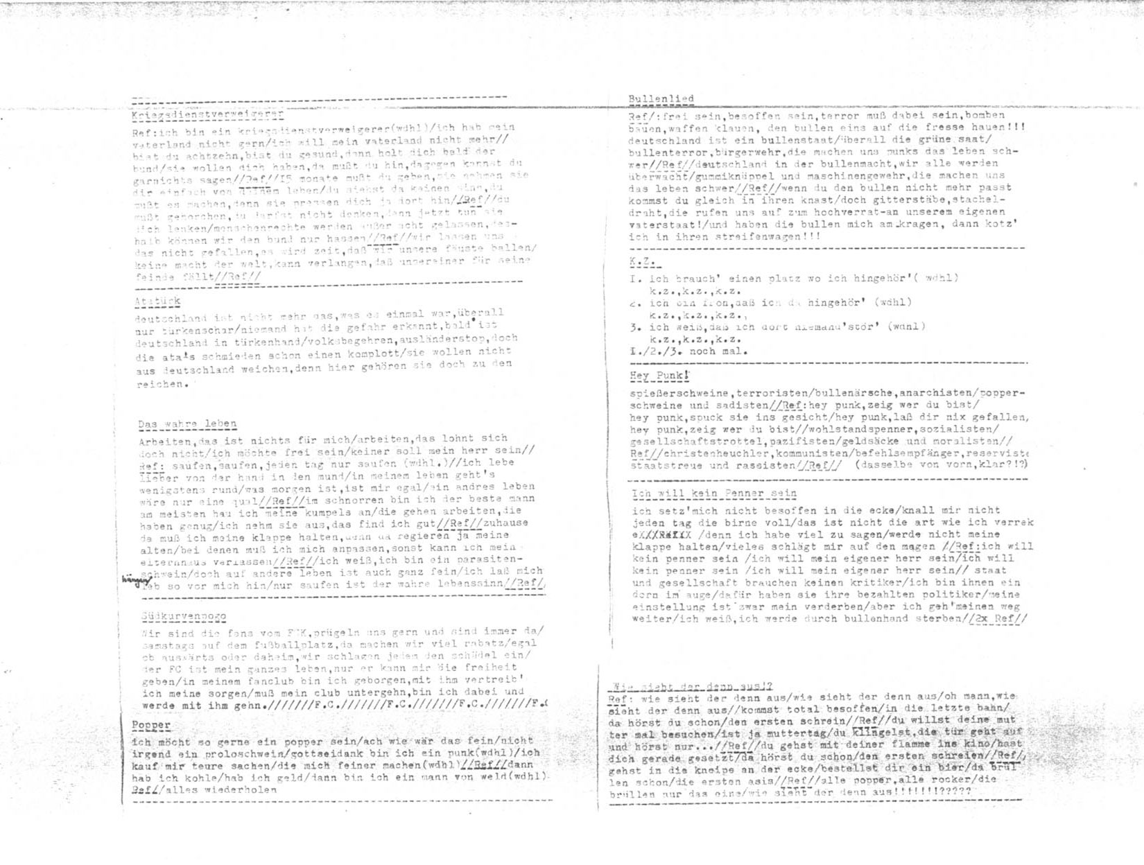 Cotzbrocken LP lyric sheet