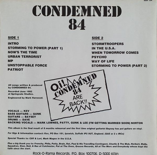 Condemned 84 Storming To Power LP back cover