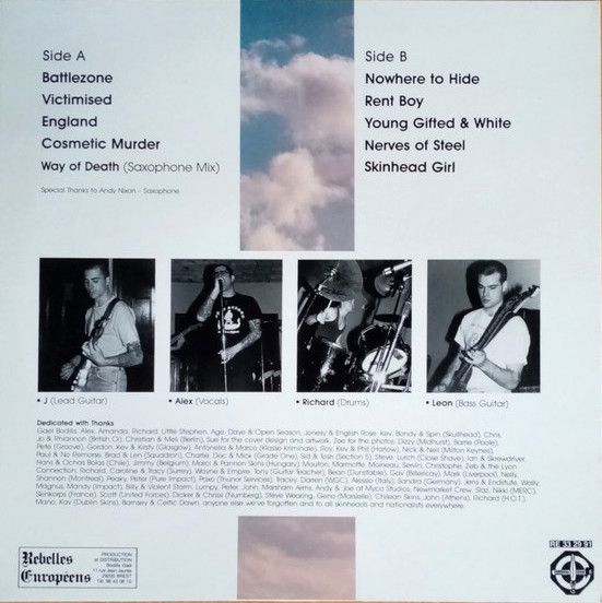 Back cover of the Battle Zone Nowhere To Hide LP