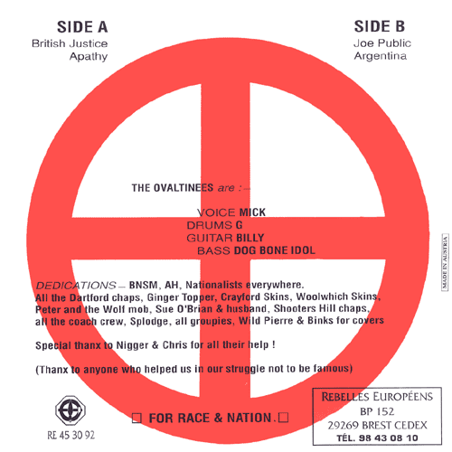 Back cover of The Ovaltinees British Justice EP