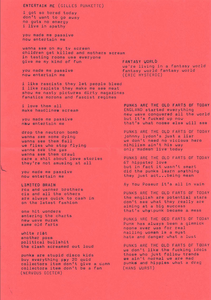 Vomit Visions lyric sheet on red paper