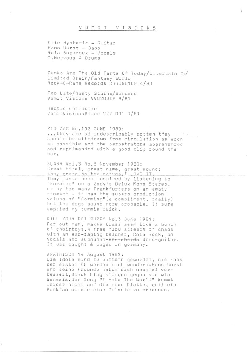 Vomit Visions press release included in some copies