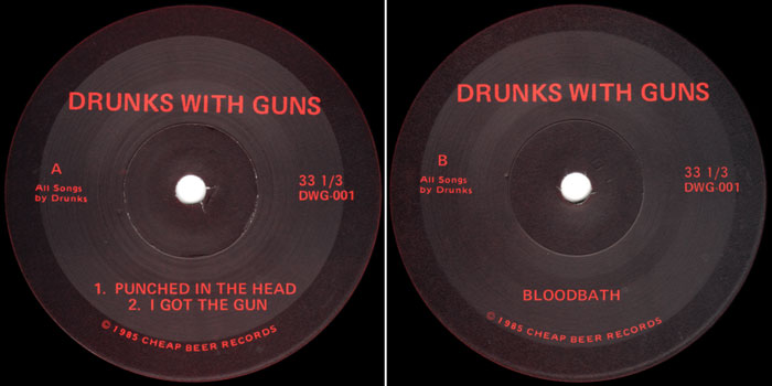 Drunks With Guns EP center labels with red text on a black background